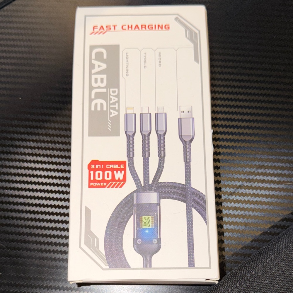 Fast Charging 3 n 1 100W power data cable black type c micro lightning portable